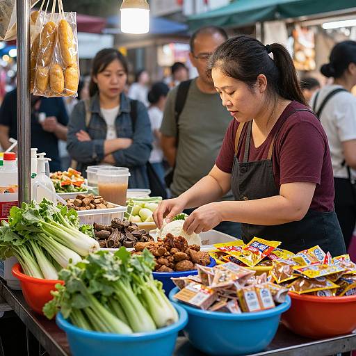 Photograph of an Asian woman with black hair in a maroon shirt and black apron, preparing food at a vibrant market stall with colorful vegetables and