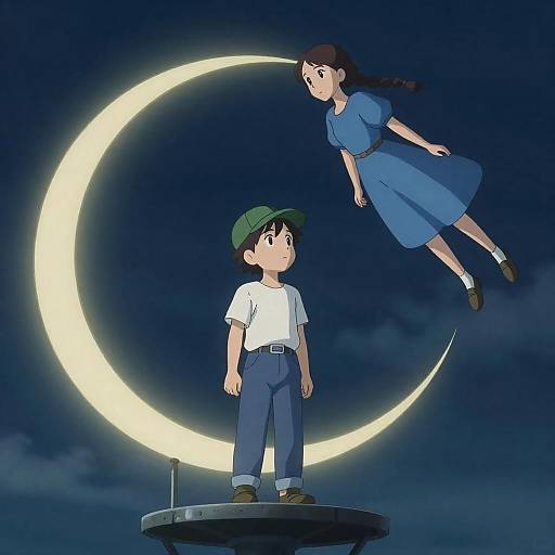 Anime Boy and Flying Girl at Night