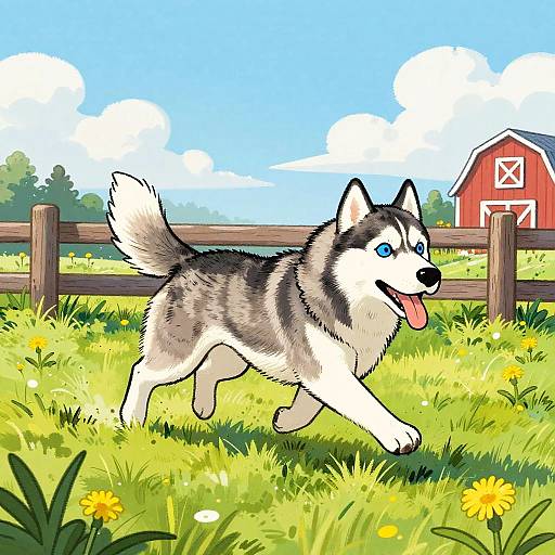 Colorful Husky Running in Field