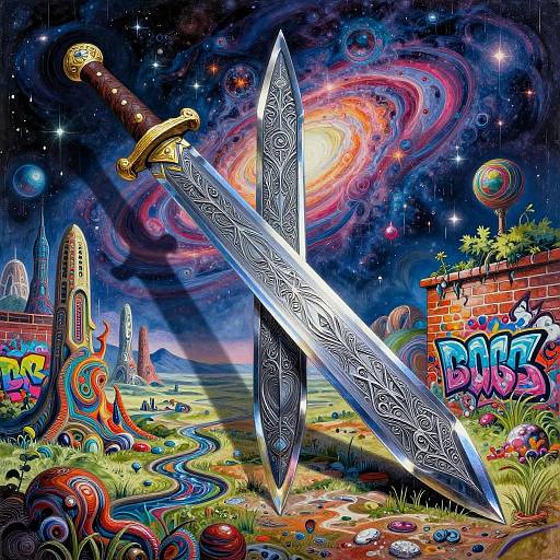 Vibrant digital artwork of an ornate, silver sword with intricate designs, standing in a colorful, surreal landscape with a swirling galaxy, graffiti,