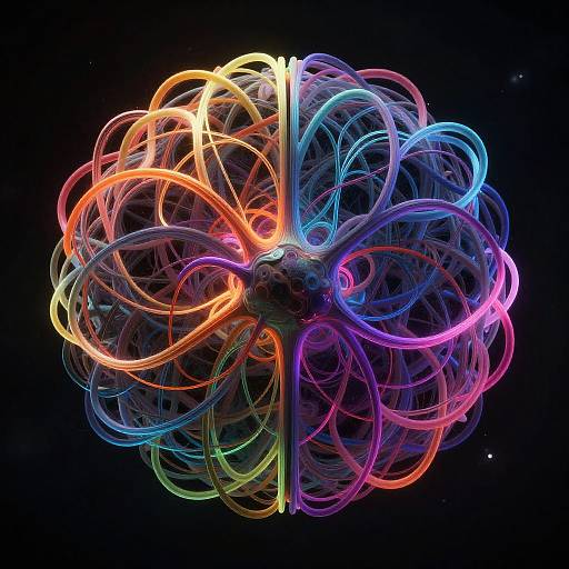 Digital artwork of a colorful, abstract, spherical shape composed of intertwined, glowing neon loops in vibrant rainbow hues against a black background.