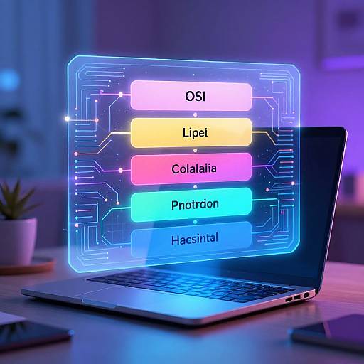 Photograph of a glowing neon laptop screen displaying a circuit board-style interface with colorful blocks labeled Osi, Lipid, Cola, Proton,