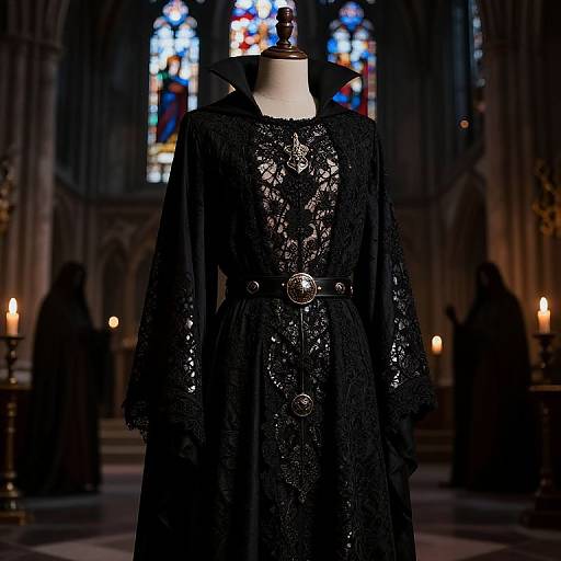 Photograph of a black lace Gothic dress with intricate patterns, belted with a silver buckle, displayed on a mannequin in a dimly lit