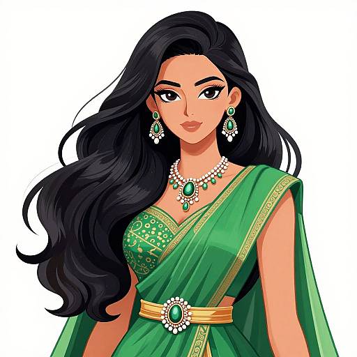 Digital illustration of a beautiful South Asian woman with long black hair, wearing a green saree with gold and green embroidery, matching jewelry, and confident expression