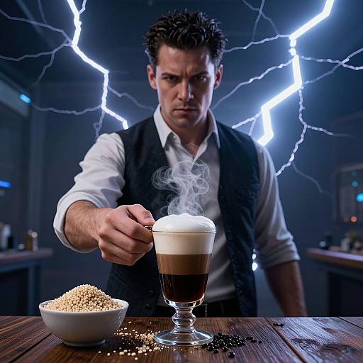 Photograph of intense male barista with spiked hair, black vest, white shirt, and white steamy coffee cup, surrounded by electric blue lightning,