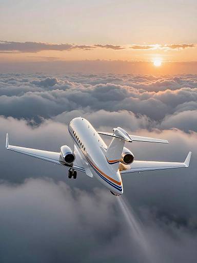Business Jet Cruising Above Clouds at Sunset
