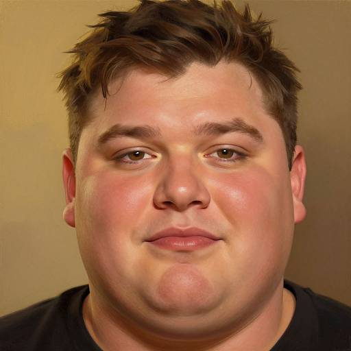 Photograph of a chubby, fair-skinned man with short, brown, tousled hair, brown eyes, and a neutral expression, wearing a black