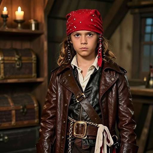 Photograph of a young girl with wavy brown hair, wearing a red bandana, leather jacket, black vest, and white shirt, standing in