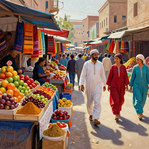 Vibrant photograph of bustling Middle Eastern market street; men in traditional white, red, and blue robes walk past colorful fruit stalls with striped awnings