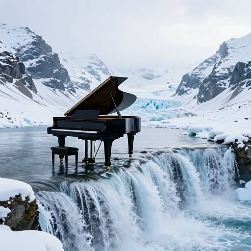Photograph of a black grand piano on a snowy waterfall, surrounded by icy mountains and a serene, frozen landscape.