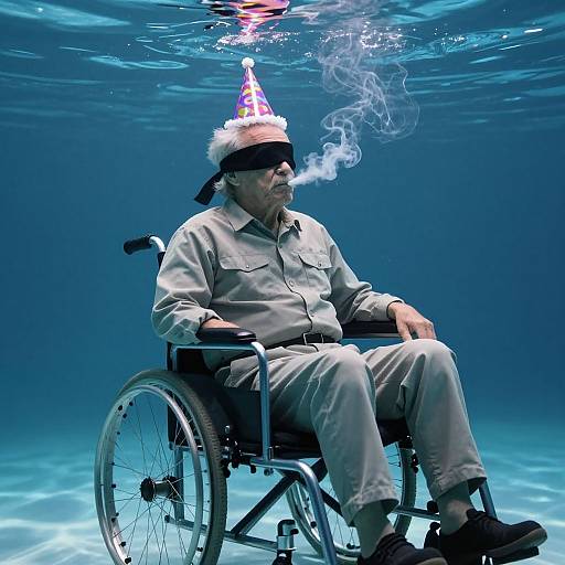 Photograph of elderly man in wheelchair, wearing blindfold, patriotic hat, smoking, underwater, with blue water reflections, wearing beige shirt and pants.