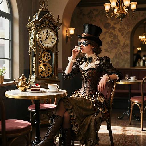 Intricate Steampunk Cafe Scene with Girl