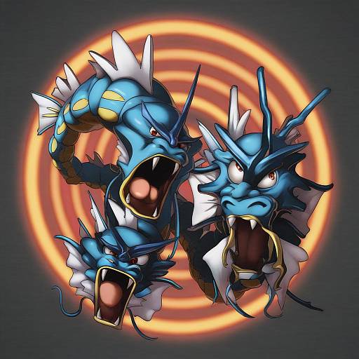 Illustration of Gyarados, pokemon in the style of Tabigarasu