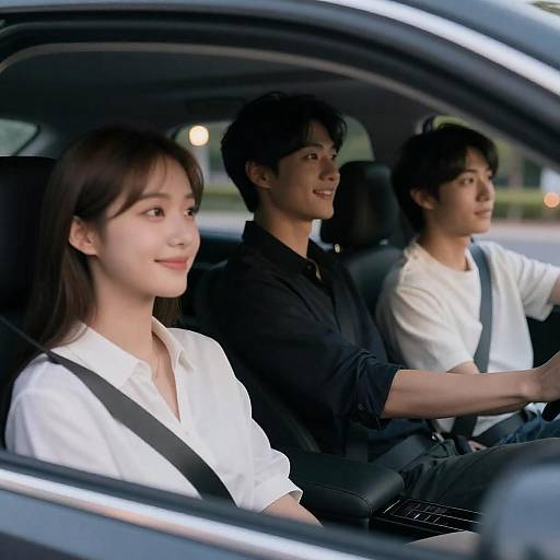 Three Young Adults Riding in Car at Night