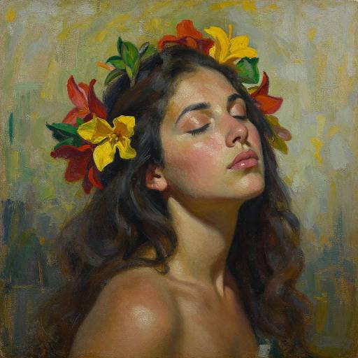 Photorealistic oil painting of a beautiful Latina woman with closed eyes, long dark hair, and a floral crown of red and yellow lilies, against