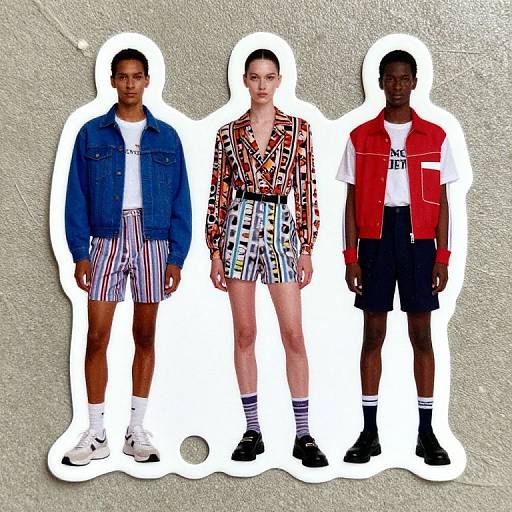 Photograph of three individuals: left in denim jacket and striped shorts, center in colorful geometric dress, right in red vest and black shorts. White outline