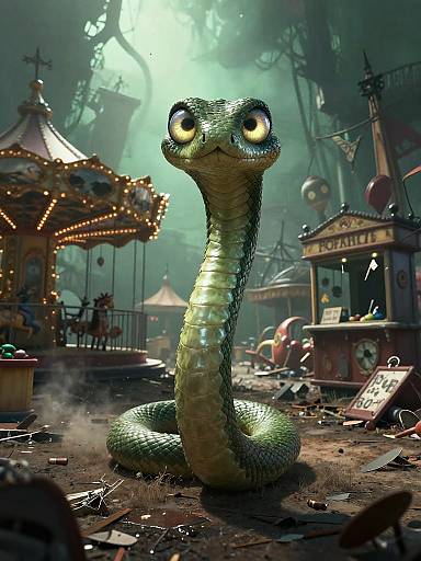 CGI image of a giant, green, snake-like creature with large, yellow eyes in a steampunk carnival setting, surrounded by debris and colorful
