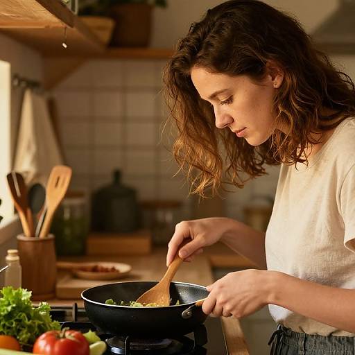 Photograph of a young woman with wavy brown hair, wearing a white t-shirt, cooking in a sunlit kitchen, stirring food in a black
