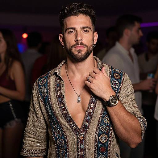 Photograph of a handsome, bearded man with dark hair, wearing a patterned, open-collared shirt, necklace, and watch, confidently