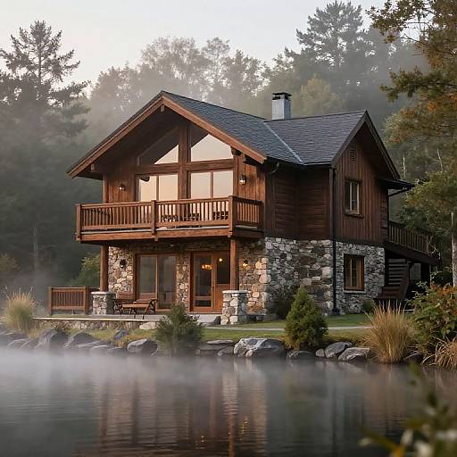 Photograph of a rustic, two-story wooden cabin with stone foundation, balcony, and large windows, situated by a misty lake surrounded by trees.