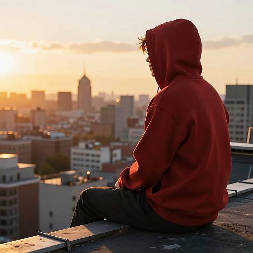 Person in Red Hoodie Sitting on Rooftop at Sunset