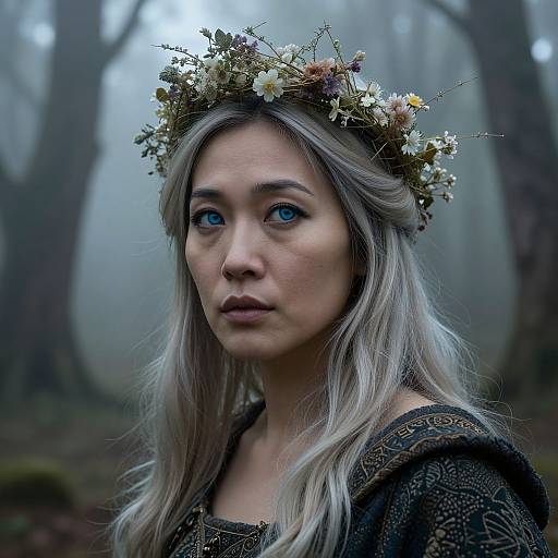 Photograph of a young woman with long, silver-blonde hair, blue eyes, and a flower crown, wearing a dark, intricately pattern