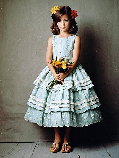 Young Girl in Blue Fancy Dress with Flowers