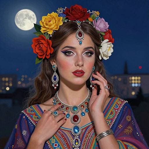 Photograph of a fair-skinned woman with dark hair, wearing a colorful floral crown, intricate jewelry, and embroidered dress, against a night sky with