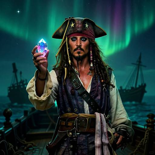 Photograph of a pirate with long hair, star-adorned tricorn hat, white shirt, and dark vest, holding glowing blue crystal under Northern