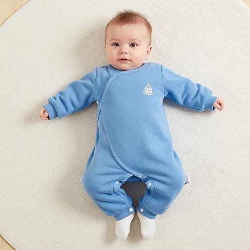 Photograph of a baby with light skin and brown hair, wearing a blue onesie with a white logo, black pants, and white socks, lying