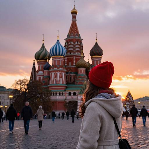 Photograph of a woman in a red beanie and gray coat facing St. Basil's Cathedral at sunset, surrounded by people on a cobblestone