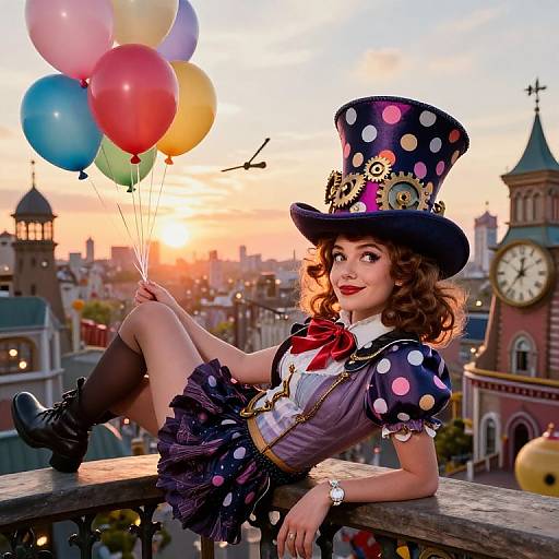Vintage-style photograph of a curly-haired woman in a polka-dot top hat, polka-dot dress, and knee-high boots, holding colorful balloons,