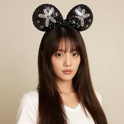 Photograph of an Asian woman with long black hair, wearing black sequin Mickey Mouse ears, and a white shirt, against a plain beige background.