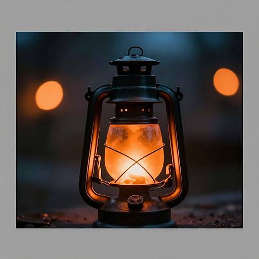Photograph of a glowing, orange-hued lantern with intricate glass design, set against a dark, blurred background with warm bokeh lights.