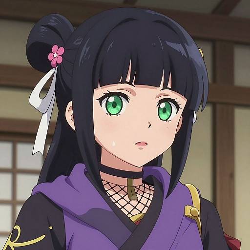Anime-style digital illustration of a young woman with green eyes, black hair in a bun with pink flower and white ribbon, wearing a purple kimono with
