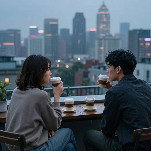 Photograph of a rainy evening: Asian couple sipping coffee on a rooftop terrace, city skyline with lit buildings in the background.