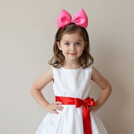 Photograph of a young girl with fair skin and dark brown hair, wearing a white dress with a red ribbon and bow, standing against a plain white