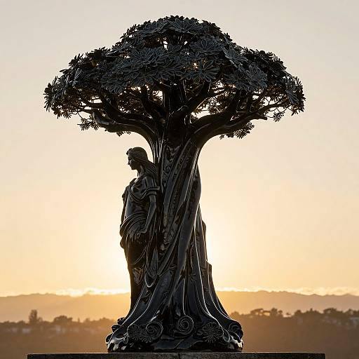 Silhouetted bronze statue of a robed figure standing beside a large, intricate tree against a golden sunset sky. Photographic image.