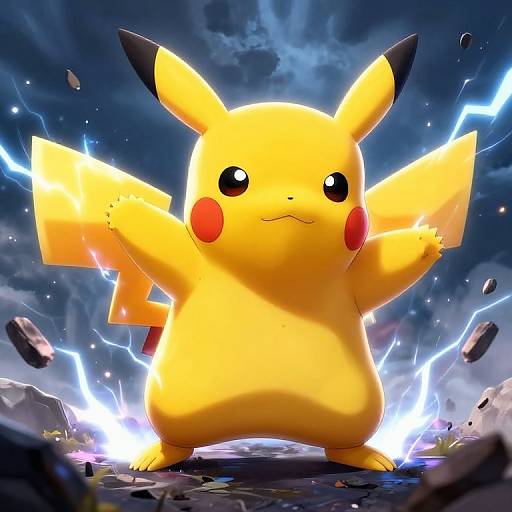 Dynamic CGI of Pikachu, a yellow, cartoonish Pokémon with black-tipped ears and red cheeks, standing on rocky ground amid flashing blue lightning, arms