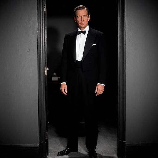 Photograph of a serious, tall, white man with short brown hair, wearing a black tuxedo with white shirt and black bow tie, standing