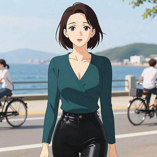 Anime-style digital drawing of a woman with short black hair, wearing a green V-neck top and black leather pants, walking on a sunny waterfront street with