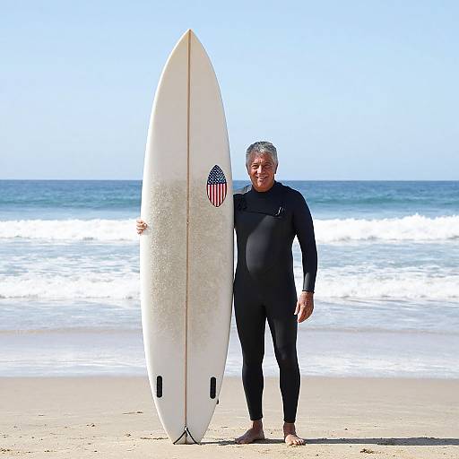 Gray-haired man in black wetsuit standing on beach, holding tall white surfboard with American flag sticker, waves and ocean in background. Photograph.