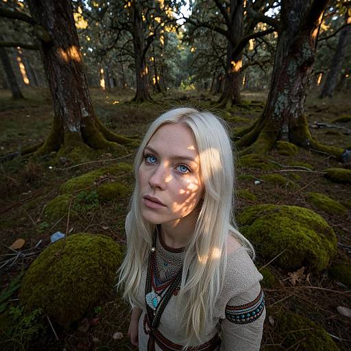 Photograph of a blonde woman with blue eyes, wearing a textured, patterned top, kneeling in a mossy forest, sunlight filtering through trees,