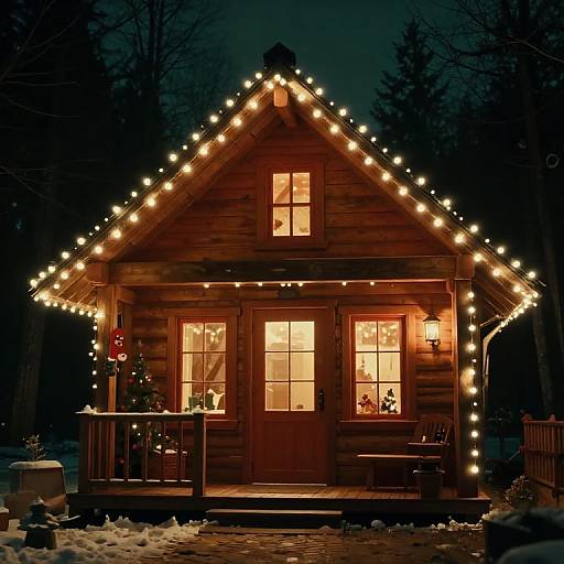 Photograph of a wooden cabin at night, warmly lit with string lights, glowing windows, snow-covered ground, and a small decorated Christmas tree on the