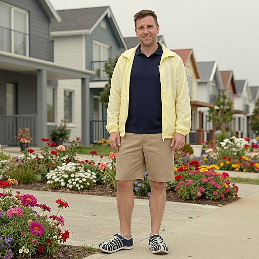 Photograph of a smiling man in a yellow jacket, black polo, beige shorts, and zebra-striped shoes, standing in front of colorful suburban houses