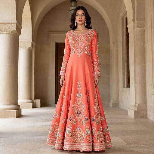 Photograph of a South Asian woman with dark hair wearing an elaborate, coral-orange, long-sleeve, embroidered traditional gown, standing in a sun