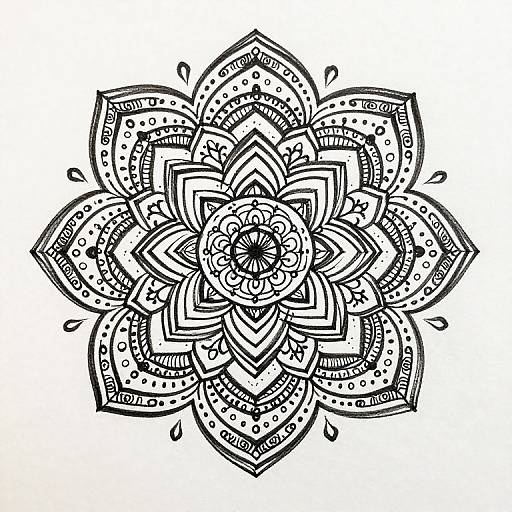 Detailed black and white mandala drawing with intricate patterns, symmetrical design, and dotted accents, showcasing complex geometric shapes and lines.