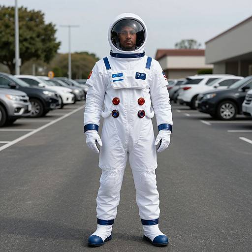 Photograph of a serious man in a white astronaut suit with blue accents, standing in a parking lot with cars.