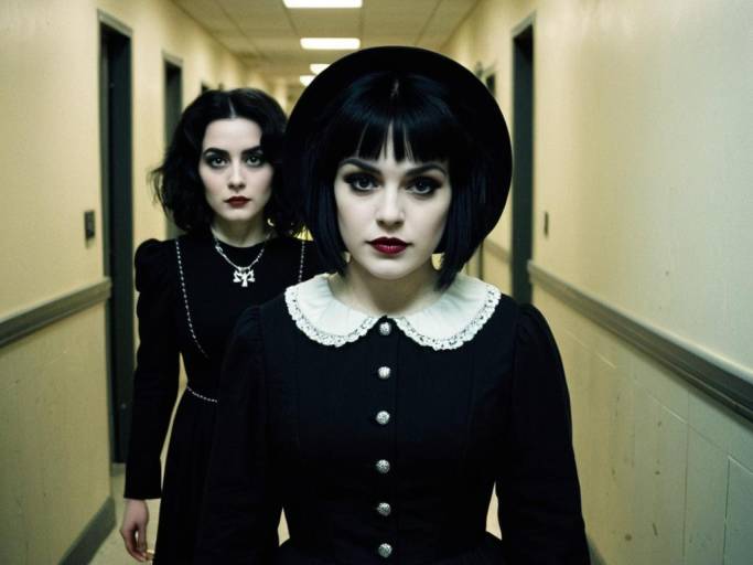 Two Women in Gothic Black Dresses in Hallway