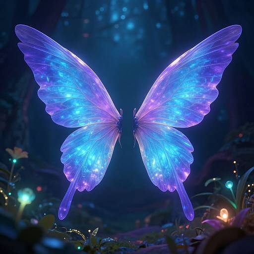 Photograph of a glowing, ethereal blue-purple butterfly with translucent wings, illuminated in a dark, enchanted forest with scattered colorful lights.